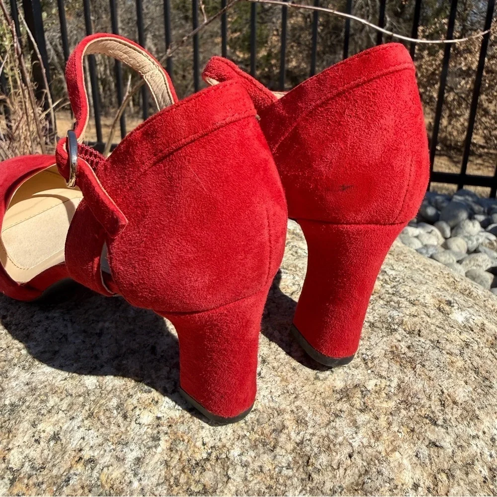 Alex Marie Womens Red Suede Ankle Strap Block Heel Pointed Toe Pumps Size 7M